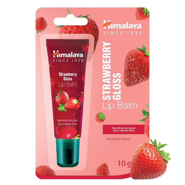 Lippenbalsam in Tube, verpackt. Marke Himalaya. Erdbeer-Motiv. Text: Strawberry Gloss Lip Balm. Enthält 10 g. Ohne künstliche Farbstoffe.