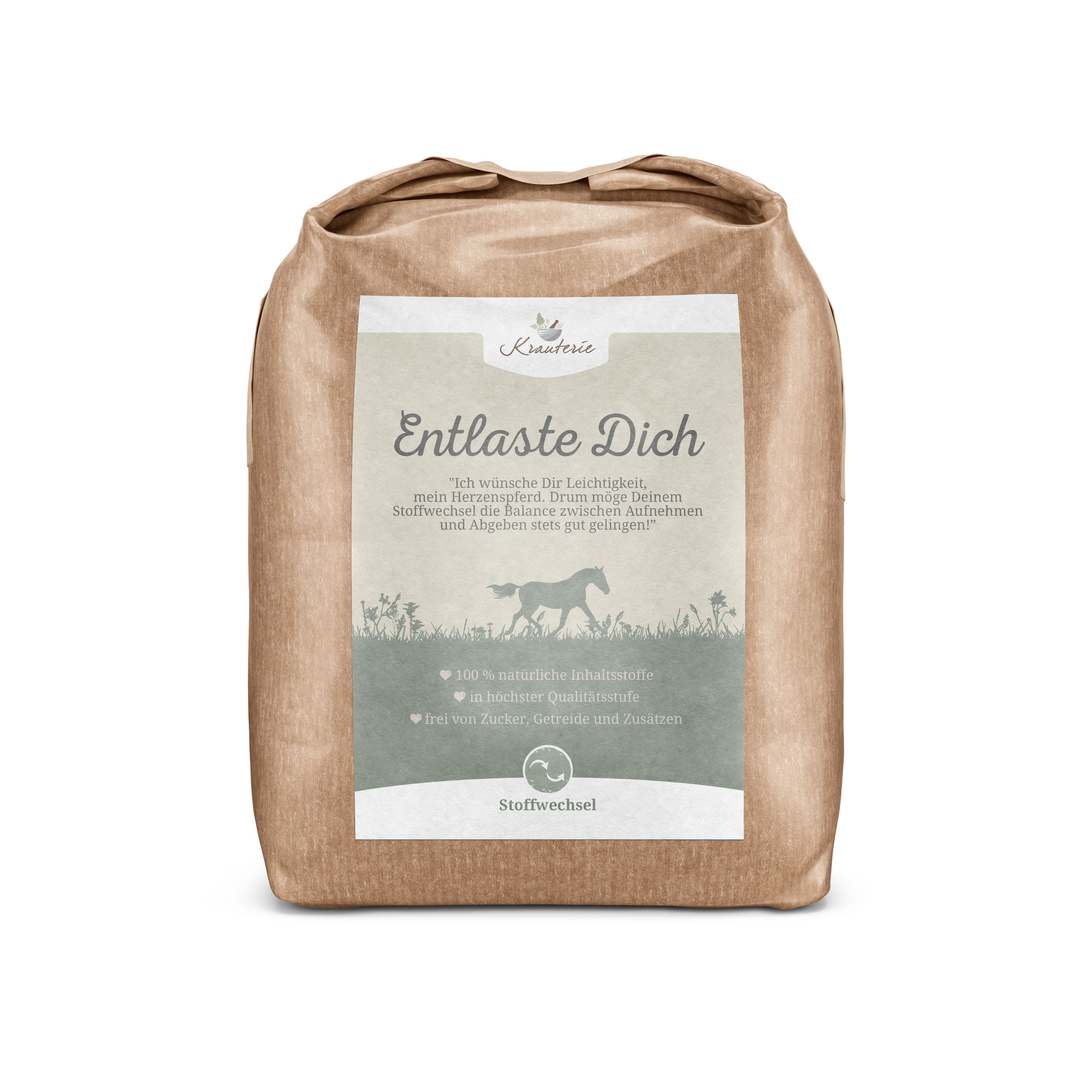 Braune Papiertüte mit Aufdruck. Text: Krauterie Entlaste Dich. Abbildung eines Pferdes.