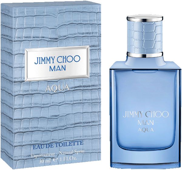 Hellblaues Eau de Toilette JIMMY CHOO MAN AQUA mit Verpackung. Flakon und Box mit Krokodil-Optik.