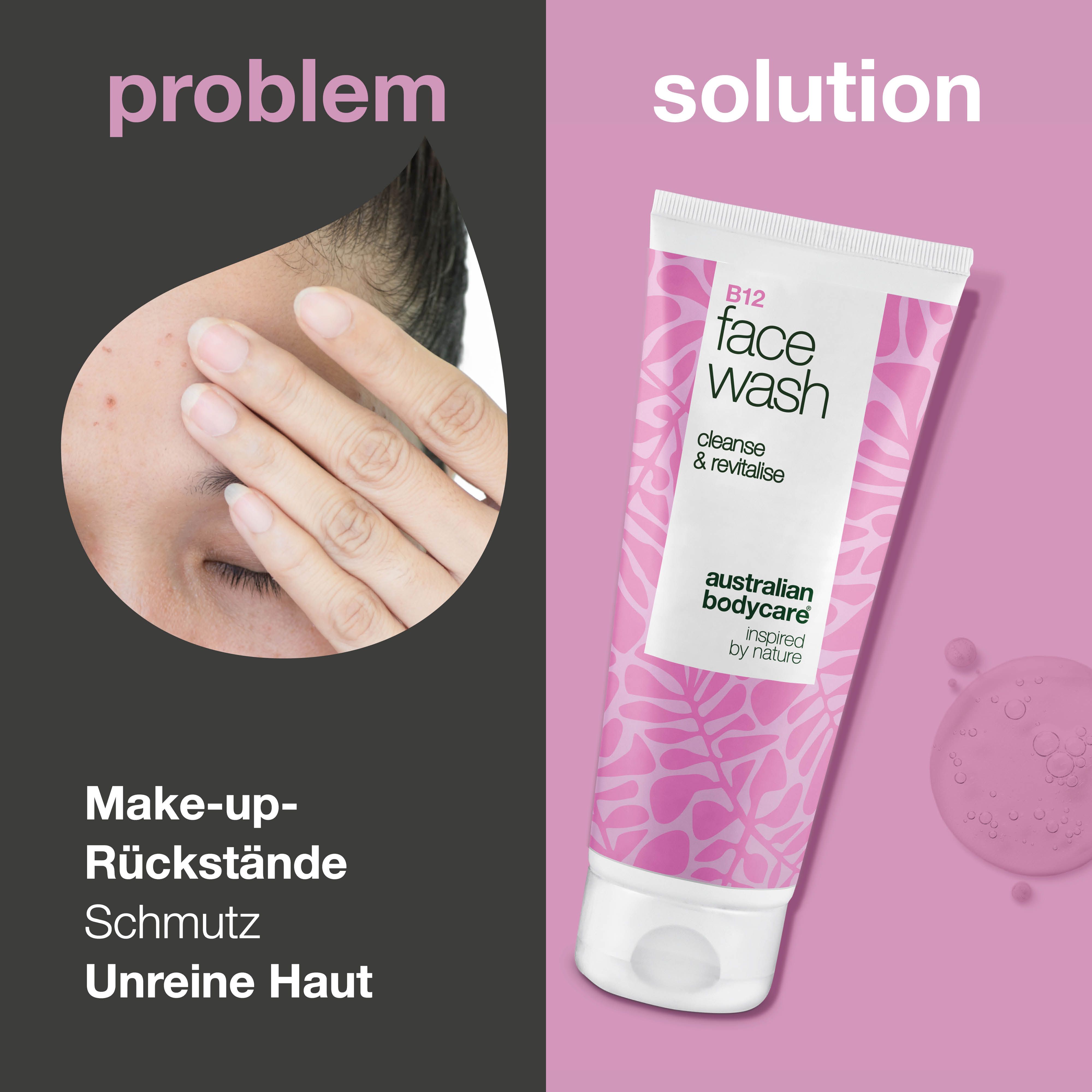 Gesicht mit Hautunreinheiten neben Tube Gesichtswaschmittel. Aufschrift: B12 Face Wash, Australian Bodycare.