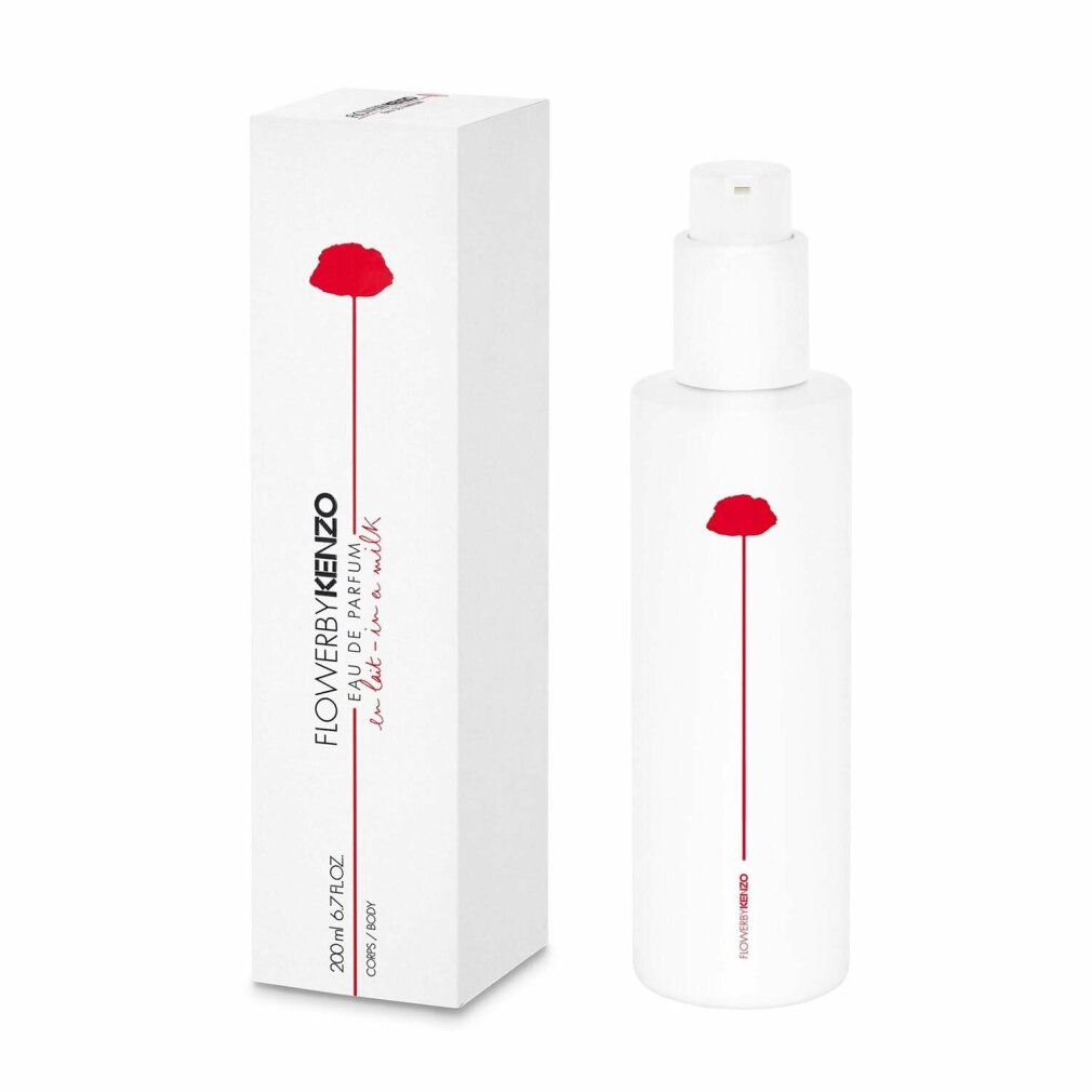 Weiße Flasche und Verpackung mit roter Blume und Schriftzug. Produktname und Marke sichtbar.