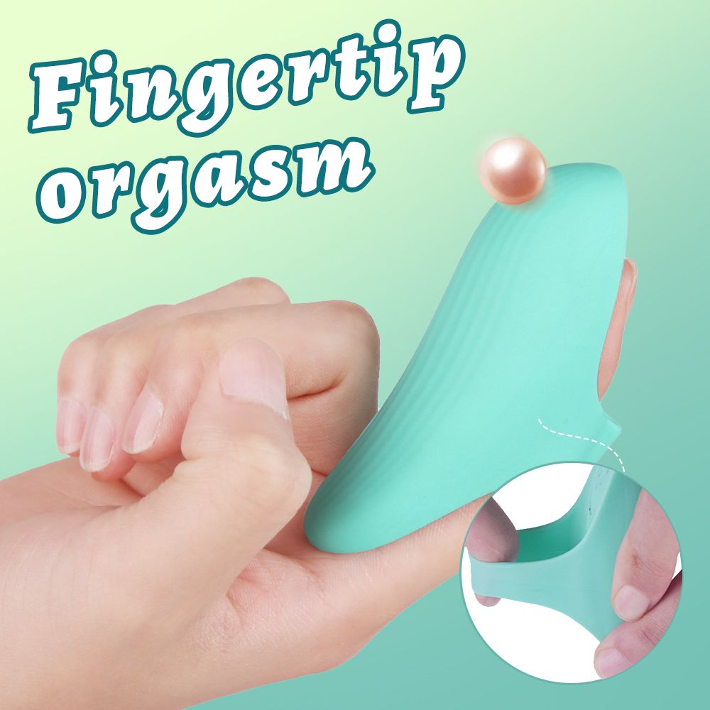 Türkisfarbener Finger-Vibrator. Gezeigt in einer Hand mit einer Perle. Text: Fingertip orgasm.