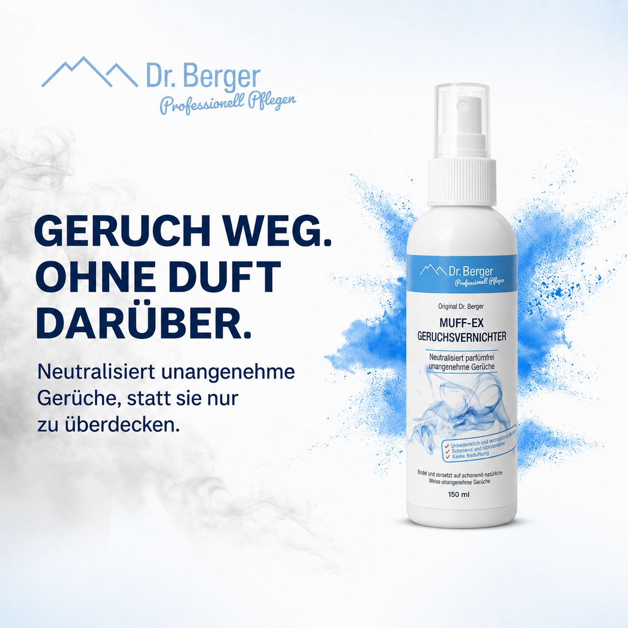 Dr. Berger Muff-Ex Geruchsvernichter Flasche mit Sprühkopf. Neutralisiert Gerüche ohne Duft.