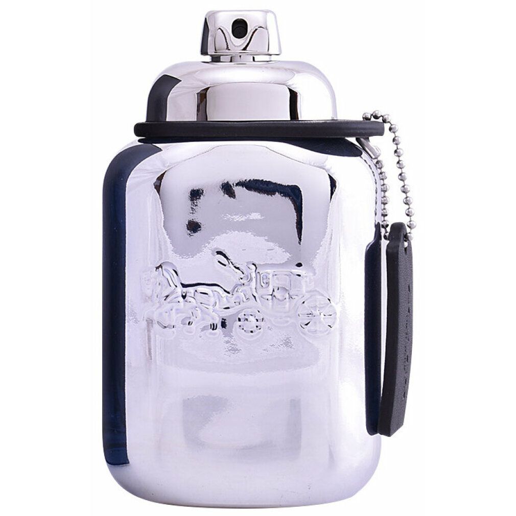 Coach Platinum Eau de Parfum Flakon, silberfarben, mit Anhänger.