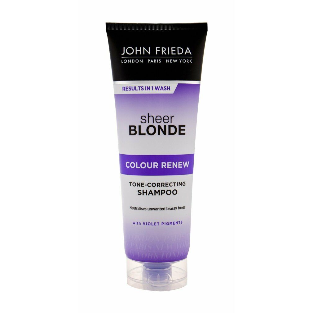 Shampoo für blondes Haar. Tube mit schwarzem Deckel. Text: John Frieda, sheer blonde, Colour Renew, Violet Pigmente.
