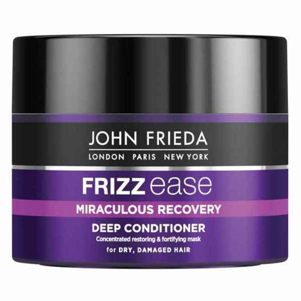 John Frieda Frizz Ease Miraculous Recovery Deep Conditioner. Runde Dose mit schwarzem Deckel und lila Etikett.