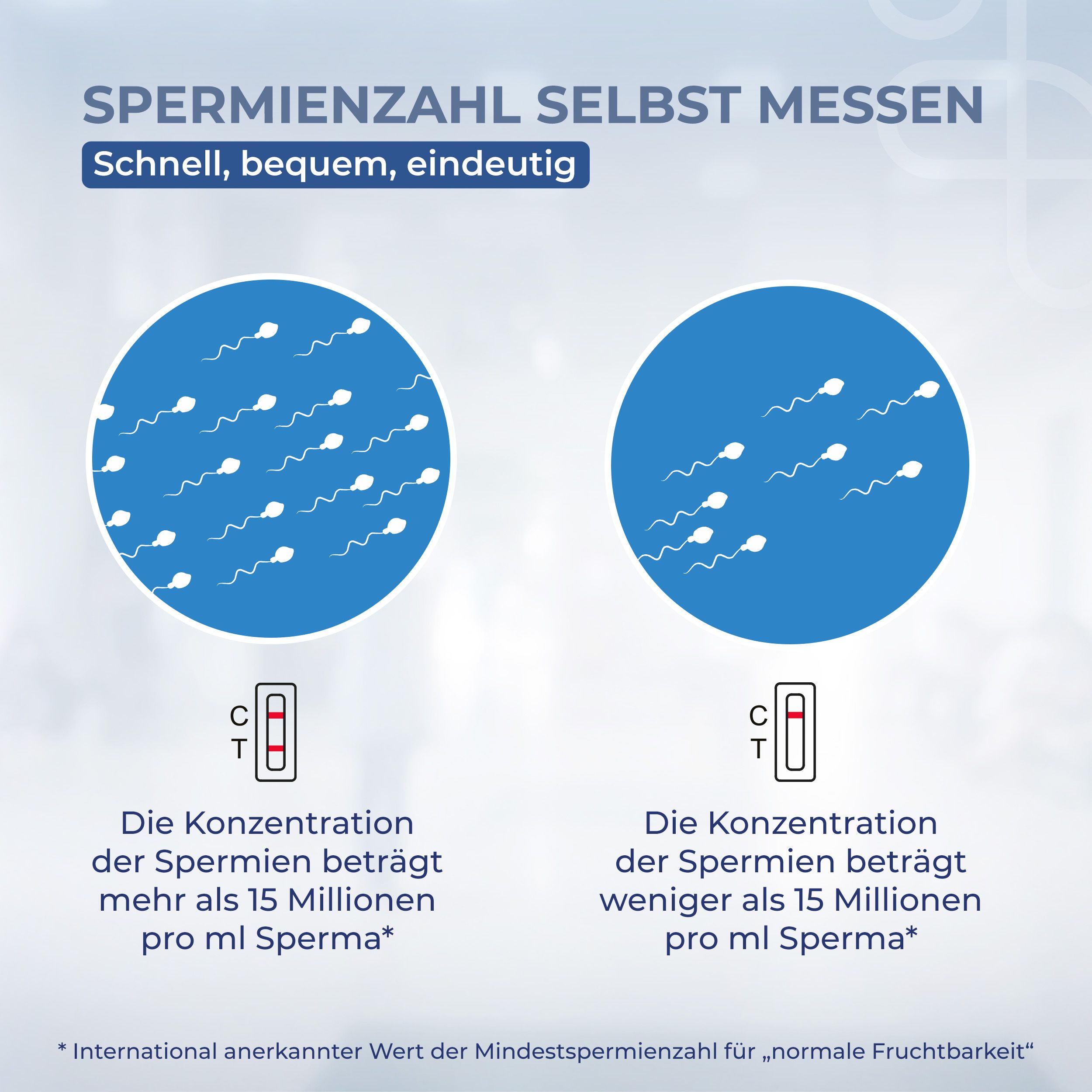 Vergleich der Testergebnisse: Mehr als 15 Millionen Spermien/ml vs. weniger. Teststreifen.