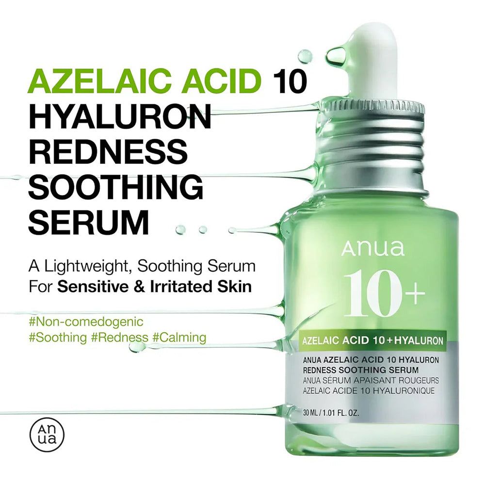 Grünes Serumfläschchen mit weißem Aufsatz. Text: Azelaic Acid 10 Hyaluron Redness Soothing Serum. Marke: Anua.