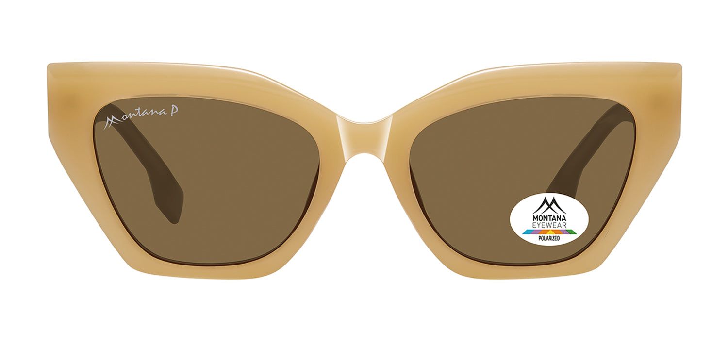 Sonnenbrille mit braunen Gläsern und beigem Rahmen. Montana Eyewear Logo auf dem Glas. Polariert.