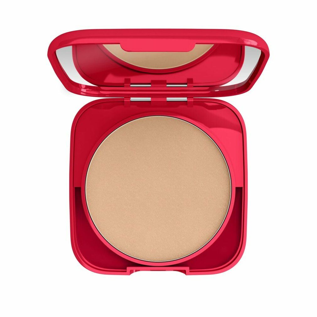Roter Kompaktpuder geöffnet. Spiegel und Puder sichtbar. Text: Rimmel London Lasting Finish.