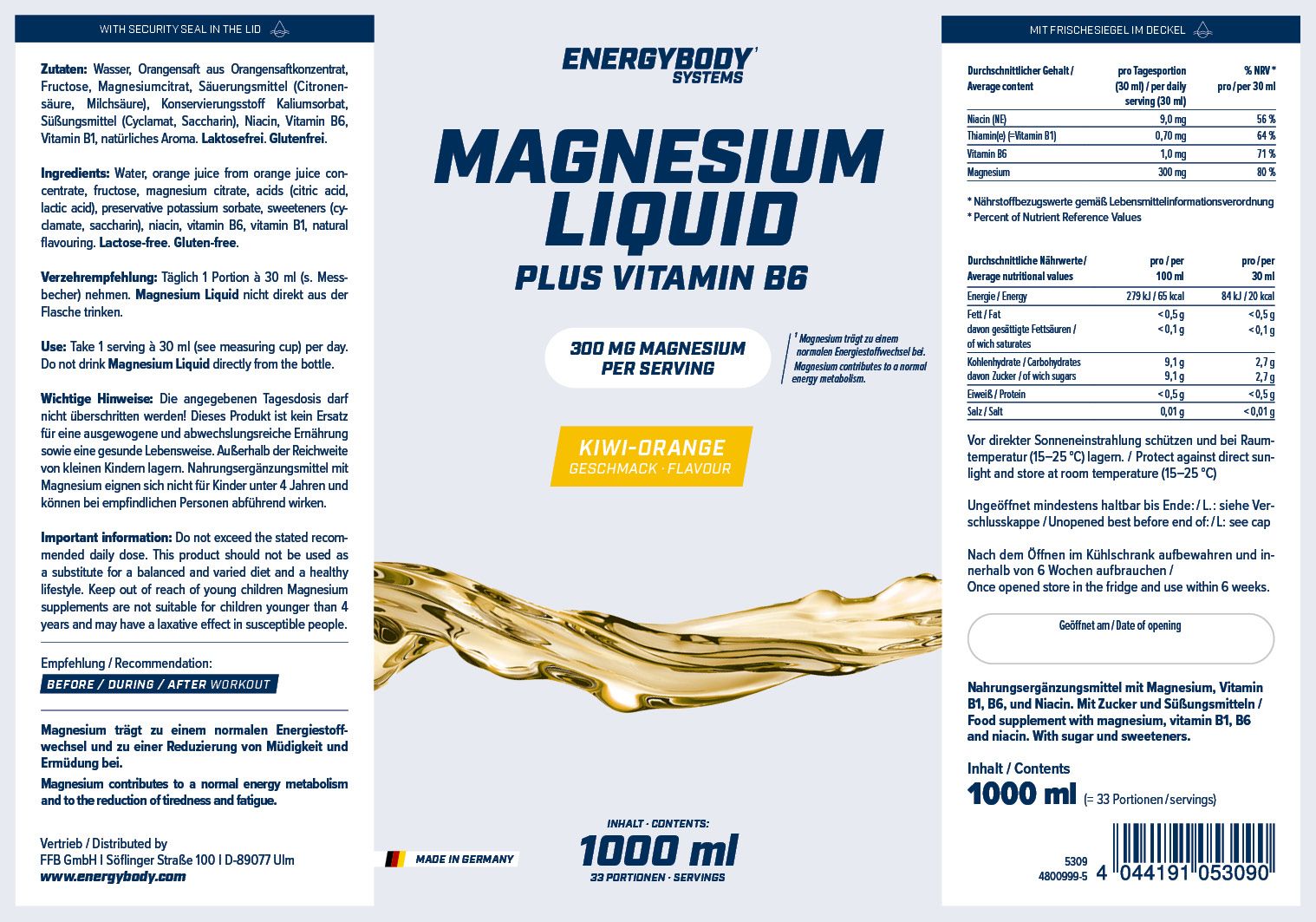 Etikett von Energybody Systems Magnesium Liquid Plus Vitamin B6. Enthält Informationen zu Inhaltsstoffen und Nährwerten.
