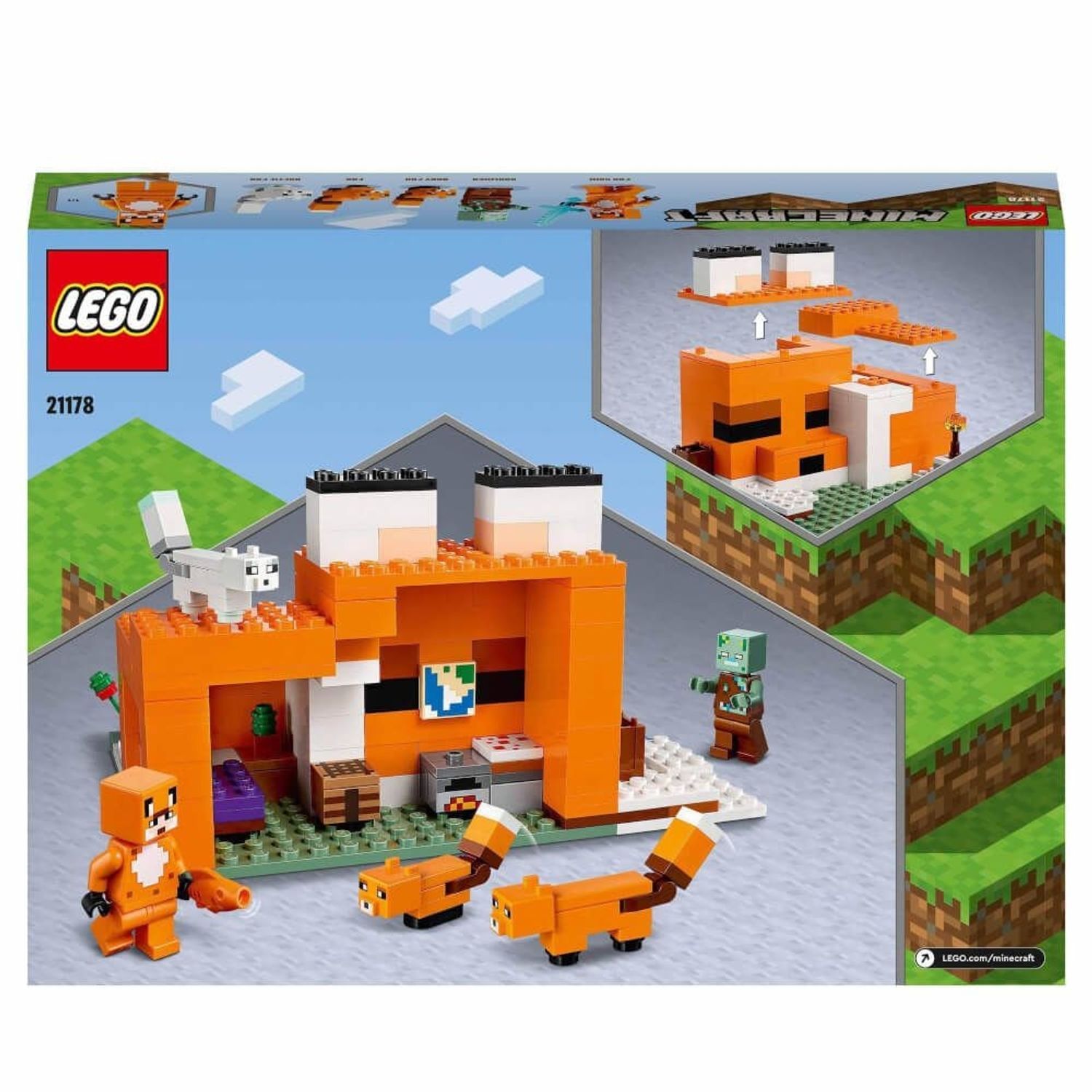 LEGO Minecraft 21178. Rückseite der Verpackung. Orangefarbenes Gebäude mit Figuren: Fuchs, Zombie, Füchse, weißer Fuchs. Aufbauanleitung.