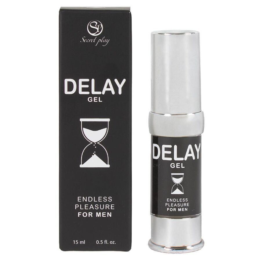 Schwarze Verpackung und Flasche. Aufschrift: DELAY GEL, ENDLESS PLEASURE FOR MEN. Sanduhr-Symbol. Secret Play Logo.