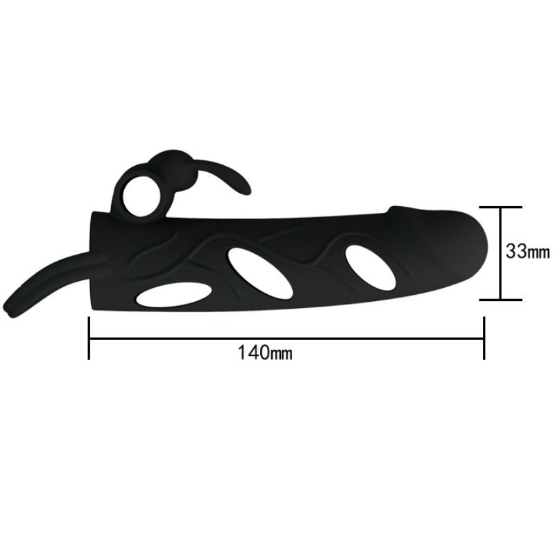 Schwarze Penishülle mit Klitorisstimulation. Maße: 140 mm lang, 33 mm breit.