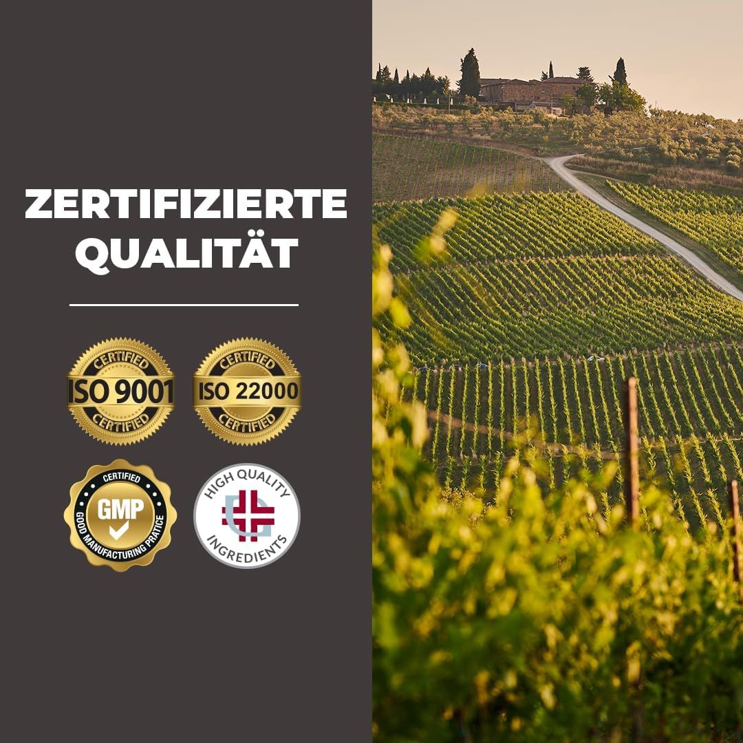 Zertifizierte Qualität. ISO 9001, ISO 22000, GMP, High Quality Ingredients. Hintergrund: Landschaft mit Weinbergen.