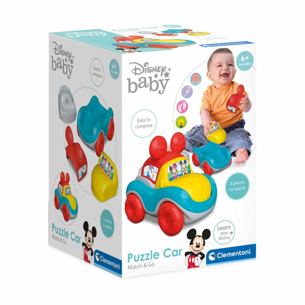 Verpackung der Clementoni Disney Baby Puzzle Car. Zeigt das Spielzeugauto und Teile. Baby mit Spielzeug.