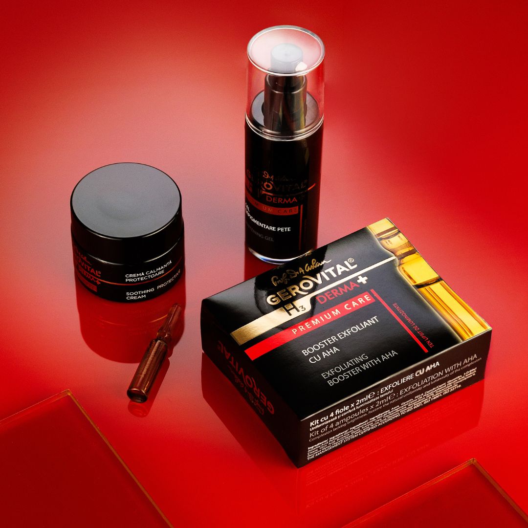 Verschiedene Produkte: Tiegel, Flasche, Ampulle, Karton. Aufschrift: Gerovital H3 Derma+, Premium Care. Roter Hintergrund.