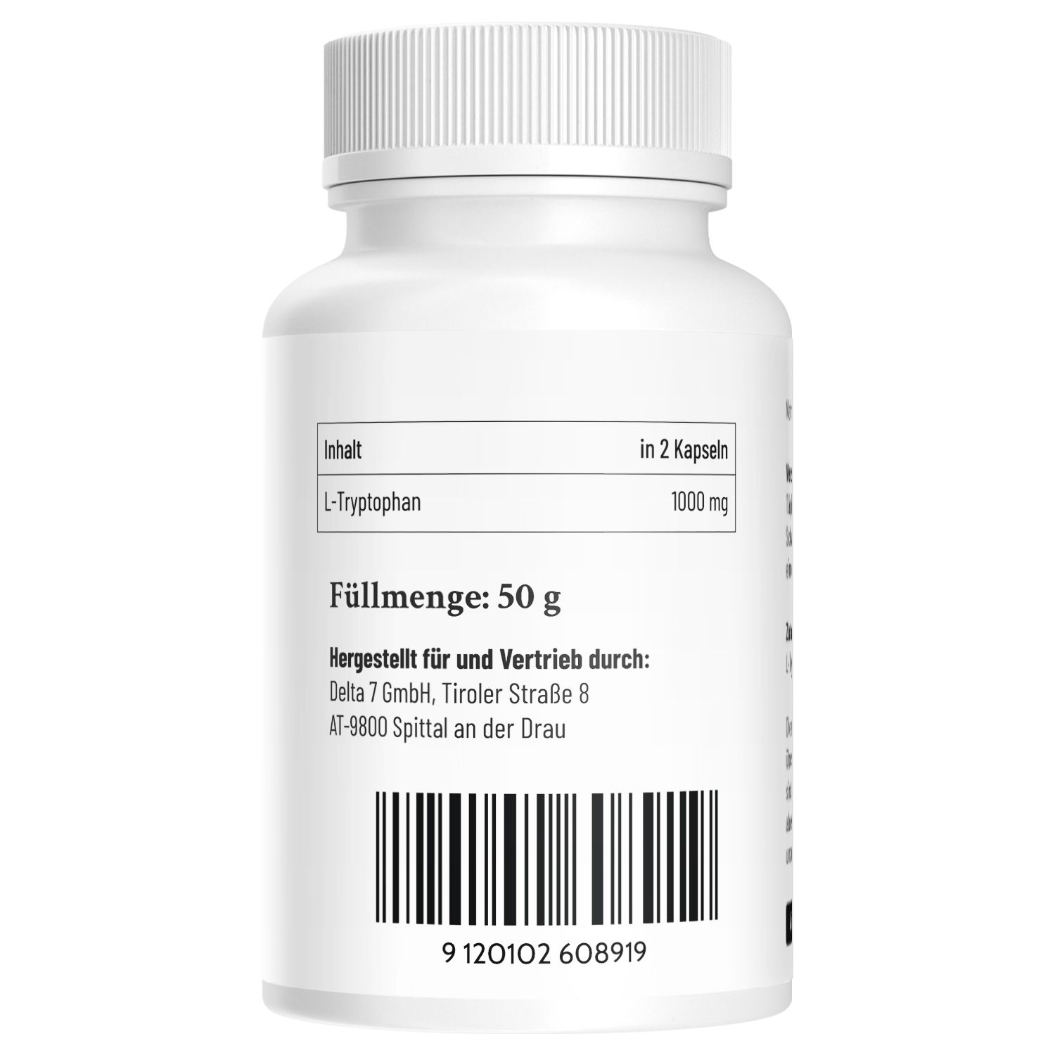 Rückseite einer L-Tryptophan Kapsel-Flasche. Inhalt 50g. Herstellerinformationen und Barcode.