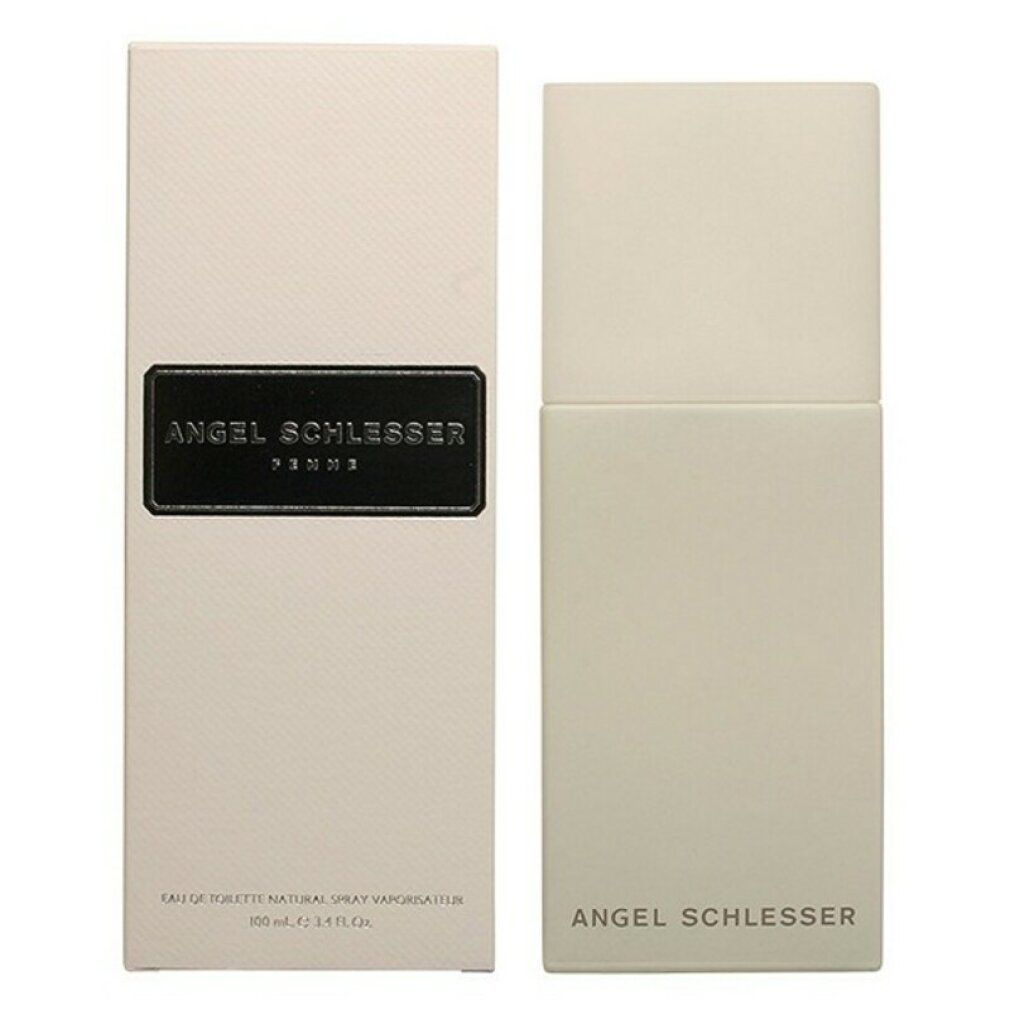 Beige Schachtel und Flakon. Auf der Schachtel steht 'Angel Schlesser Femme'. Flakon mit Deckel.