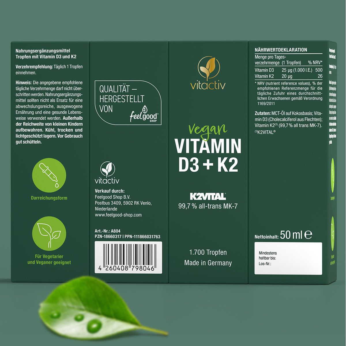 Verpackung von vegan Vitamin D3 + K2 Tropfen. Aufschrift: 1.700 Tropfen. Made in Germany. Nährwertdeklaration. Für Vegetarier und Veganer geeignet.
