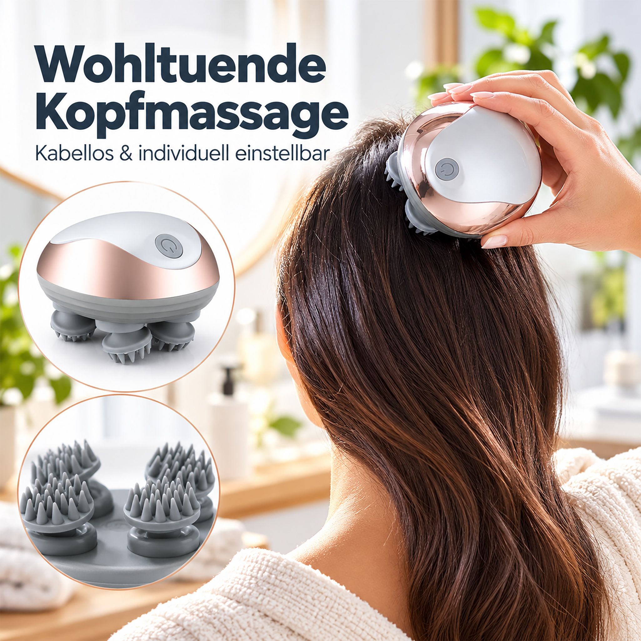 Kabelloser Kopfmassagegerät mit vier rotierenden Massageköpfen und rosegoldenen Akzenten.