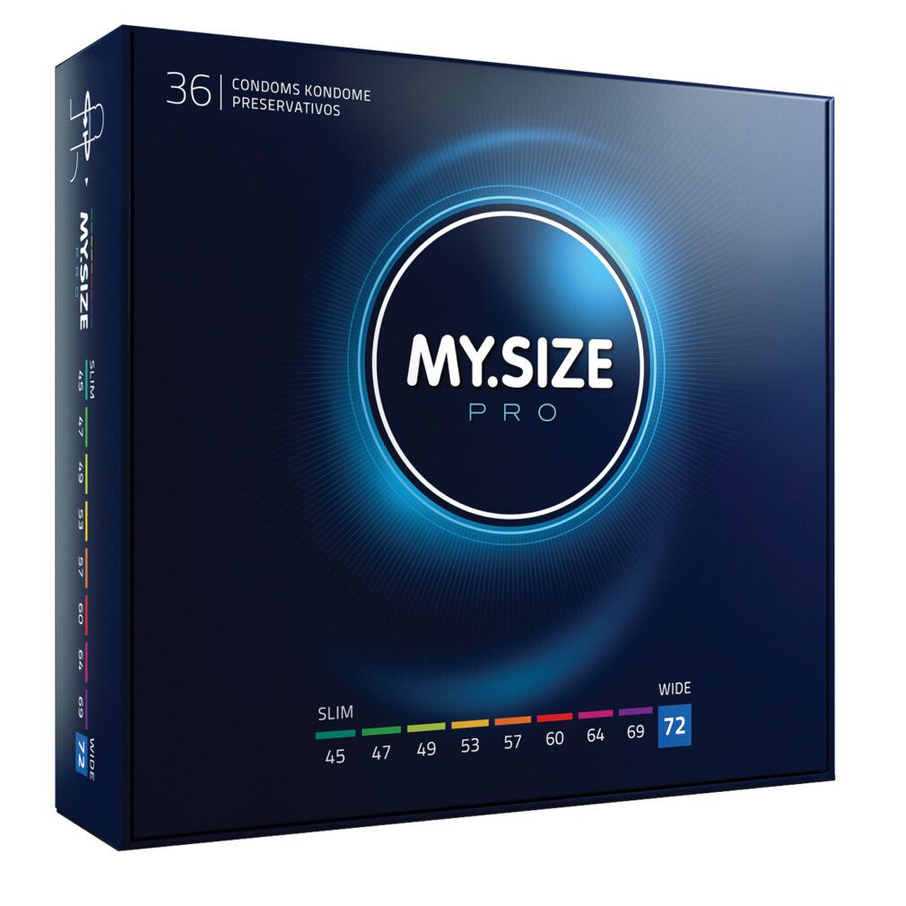 Verpackung mit MY.SIZE PRO, Größe 72. Farbige Größenangaben. Produktverpackung.