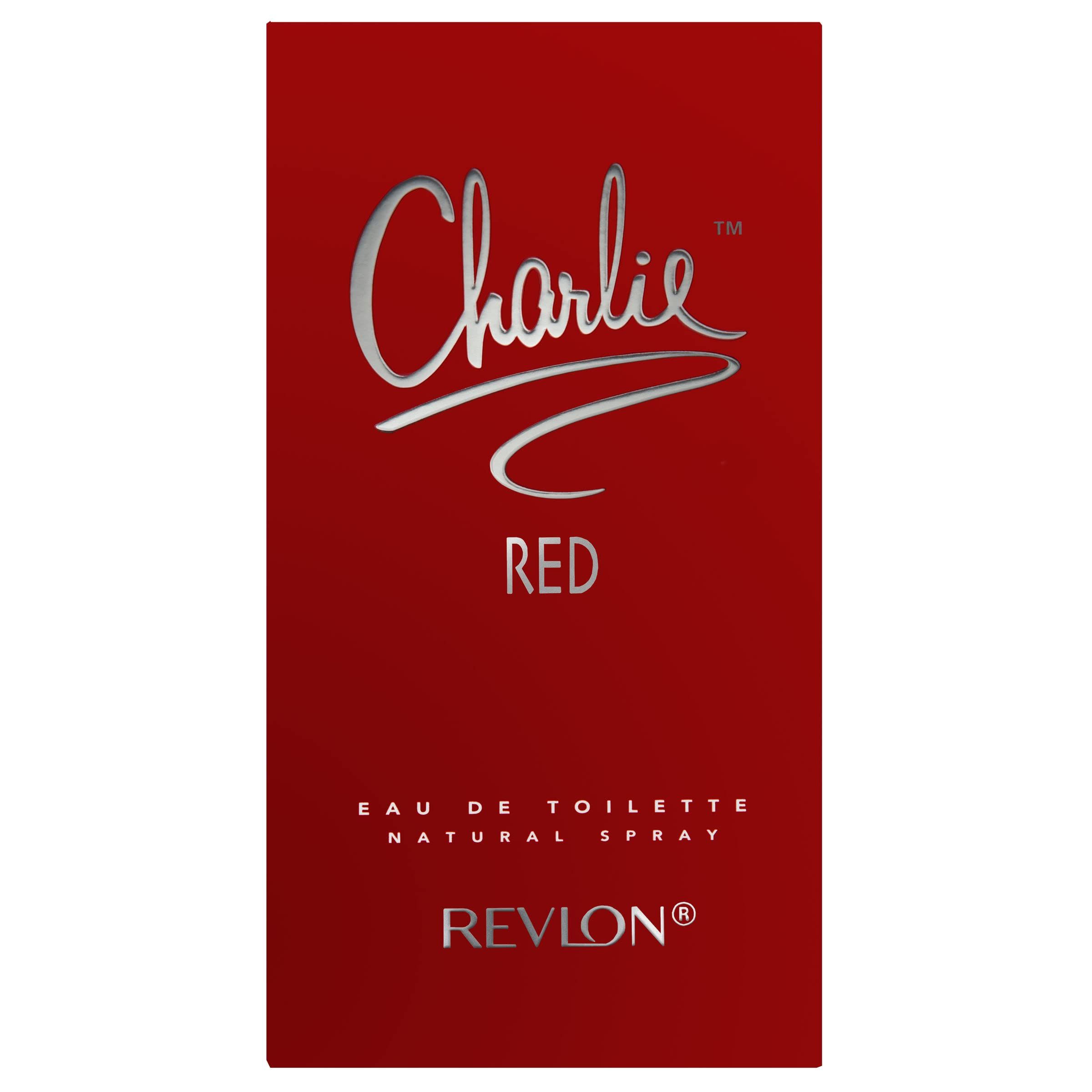 Rote rechteckige Schachtel. Auf der Schachtel steht "Charlie RED". Der Name "Revlon" und "100 ml e" sind ebenfalls sichtbar.