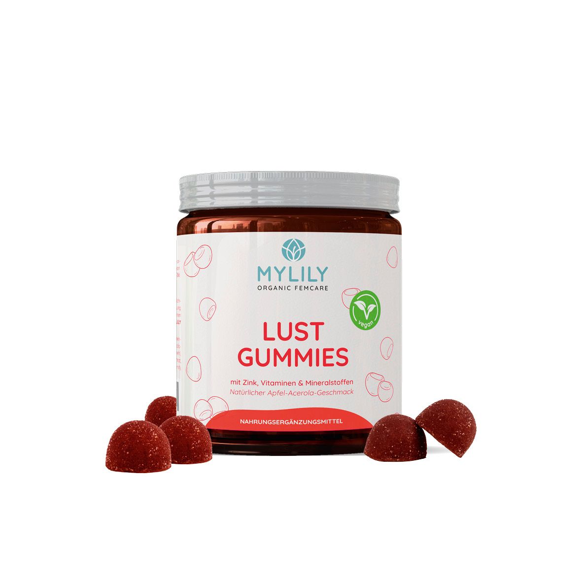 Glas mit MYLILY Lust Gummies und rote Gummibärchen. Aufschrift: Lust Gummies, veganes Siegel.