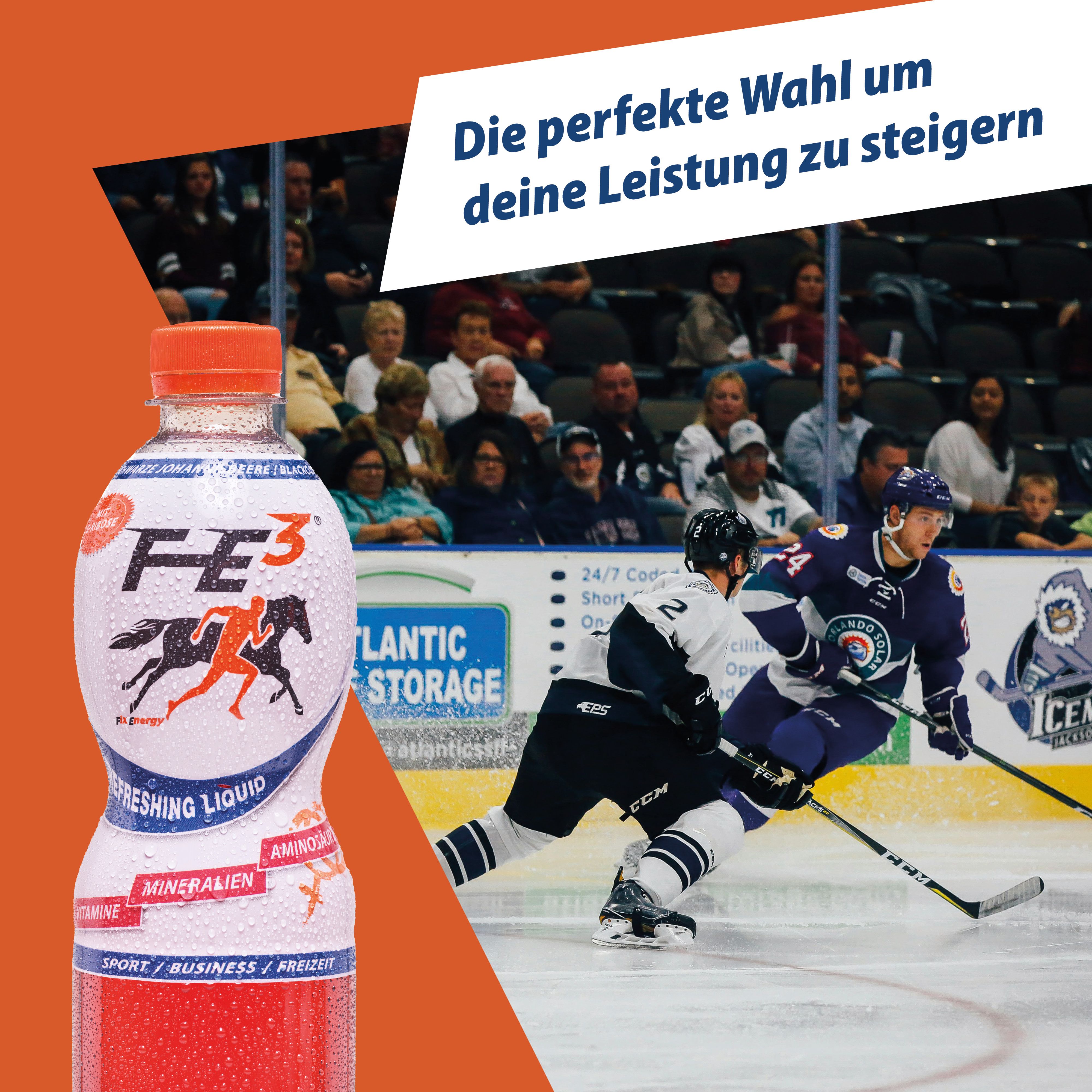FE³ Flasche vor Eishockeyspiel. Logo mit Pferd. Text: Refreshing Liquid, Mineralien, Sport/Business/Freizeit.