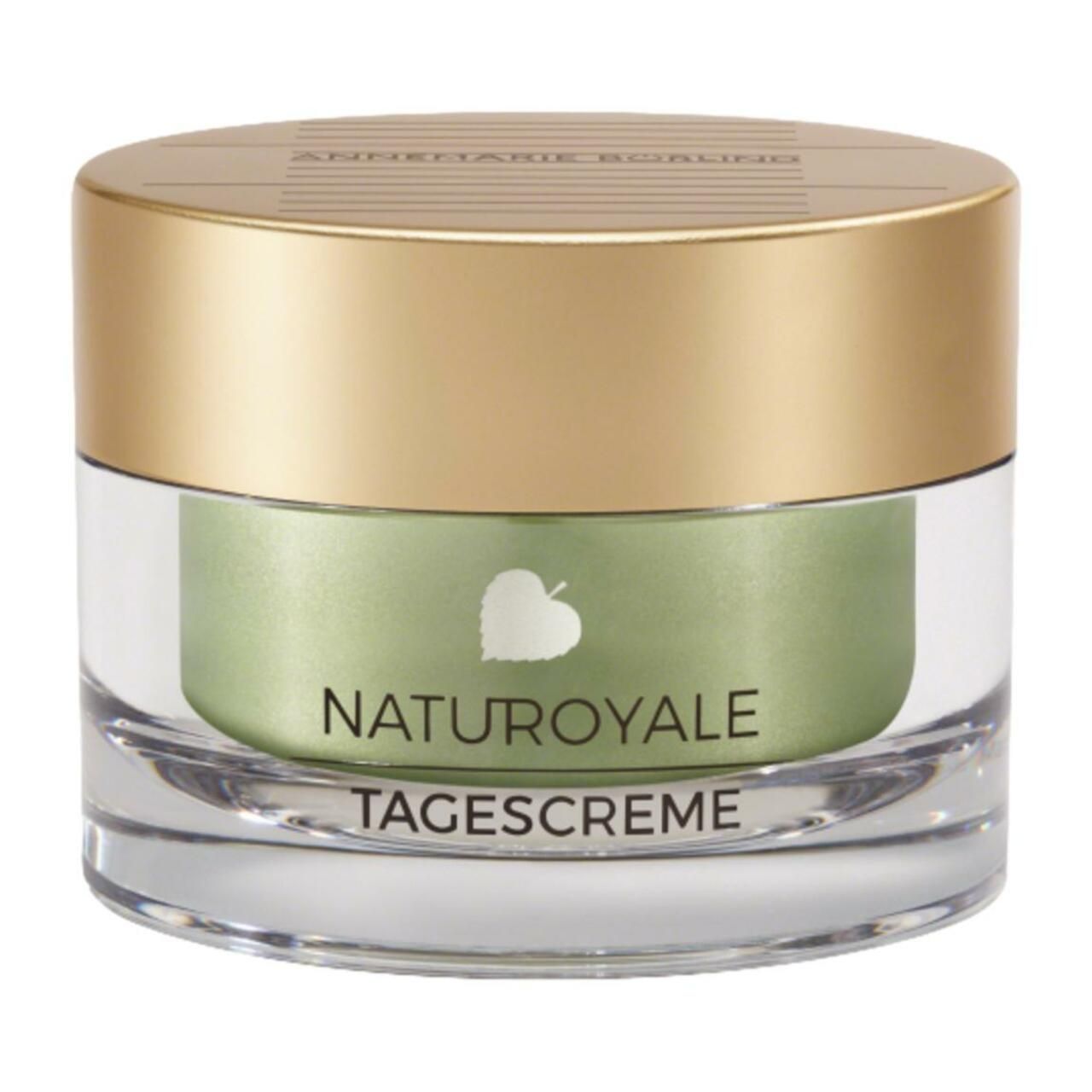 Tagescreme-Glas mit goldfarbenem Deckel. Aufschrift: NATUROYALE TAGESCREME. Grüner Inhalt sichtbar.