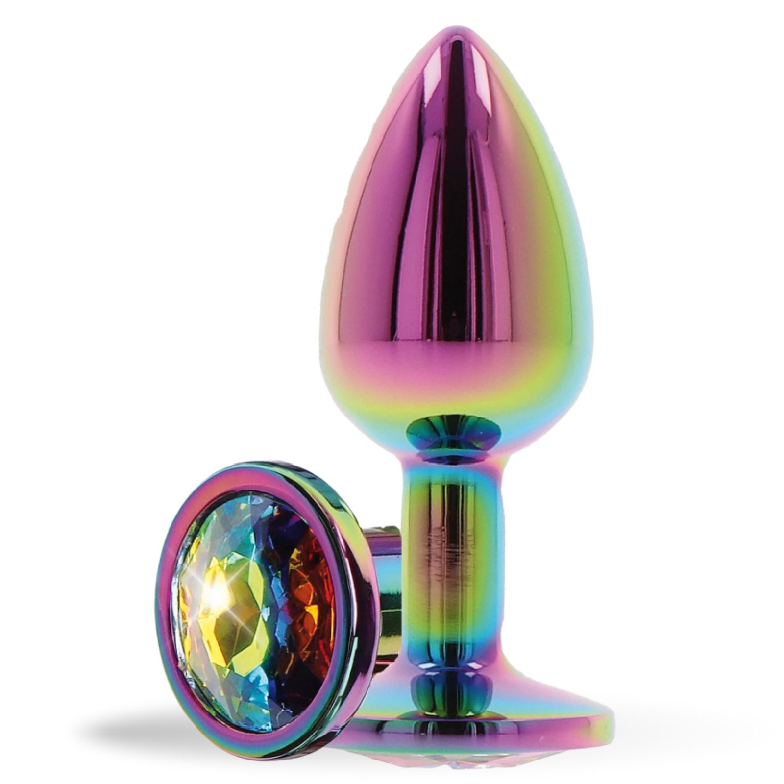 Analplug, multicolor, Metall, Zierstein. Kegelförmiger Kopf, runder Sockel.