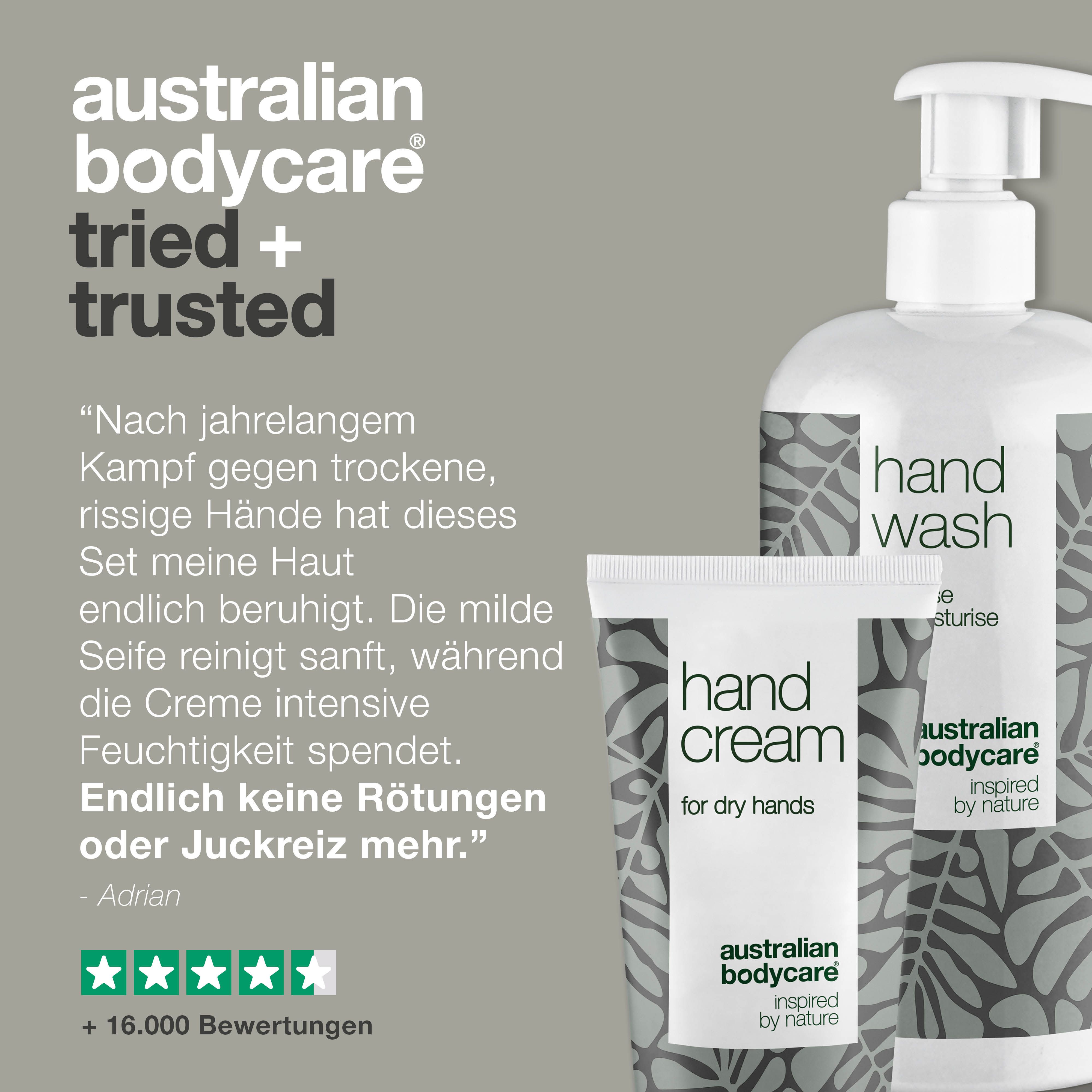 Handwaschmittel und Handcreme. Text: Nach jahrelangem Kampf gegen trockene, rissige Hände hat dieses Set meine Haut beruhigt.