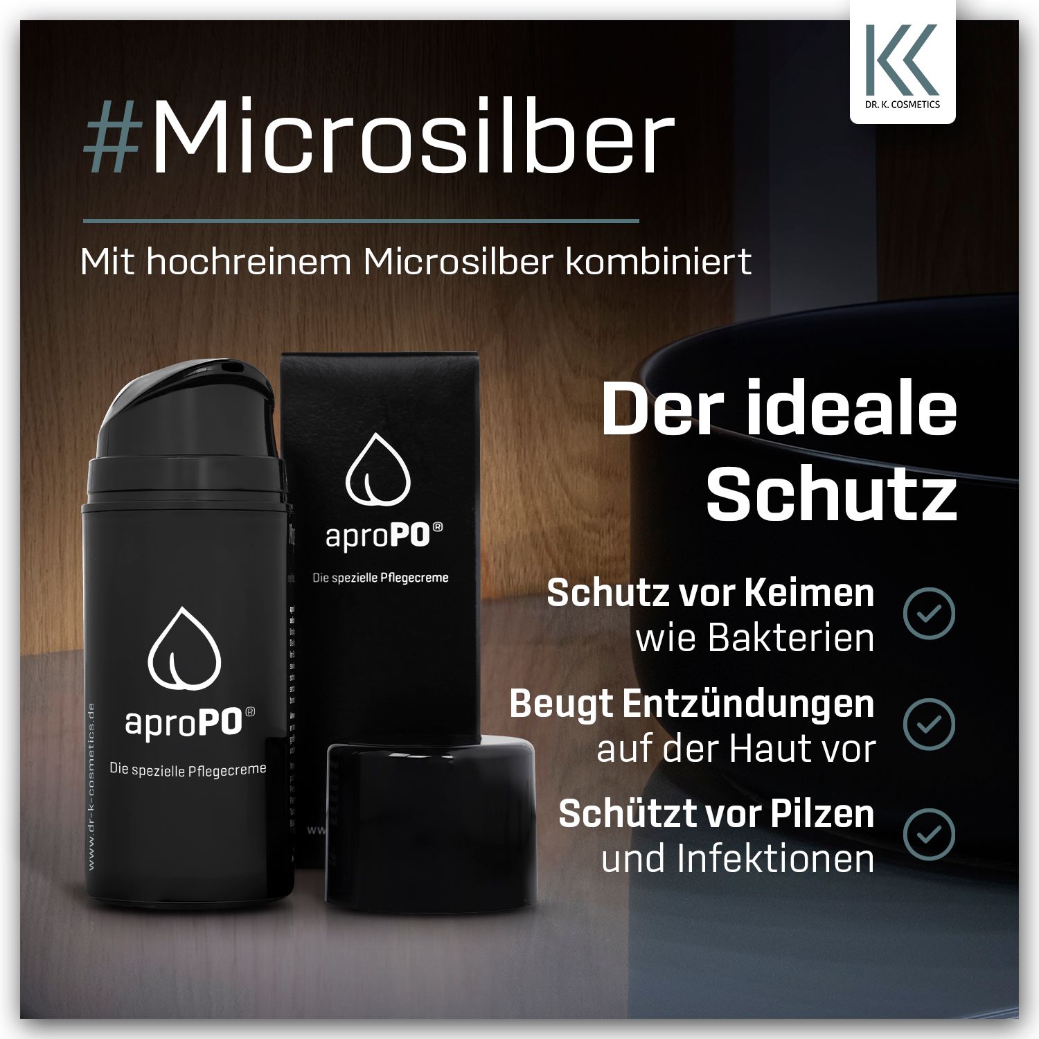 Flasche, Schachtel und Deckel. Aufschrift: aproPO, die spezielle Pflegecreme. Logo: Tropfen-Form. Text: Microsilber.