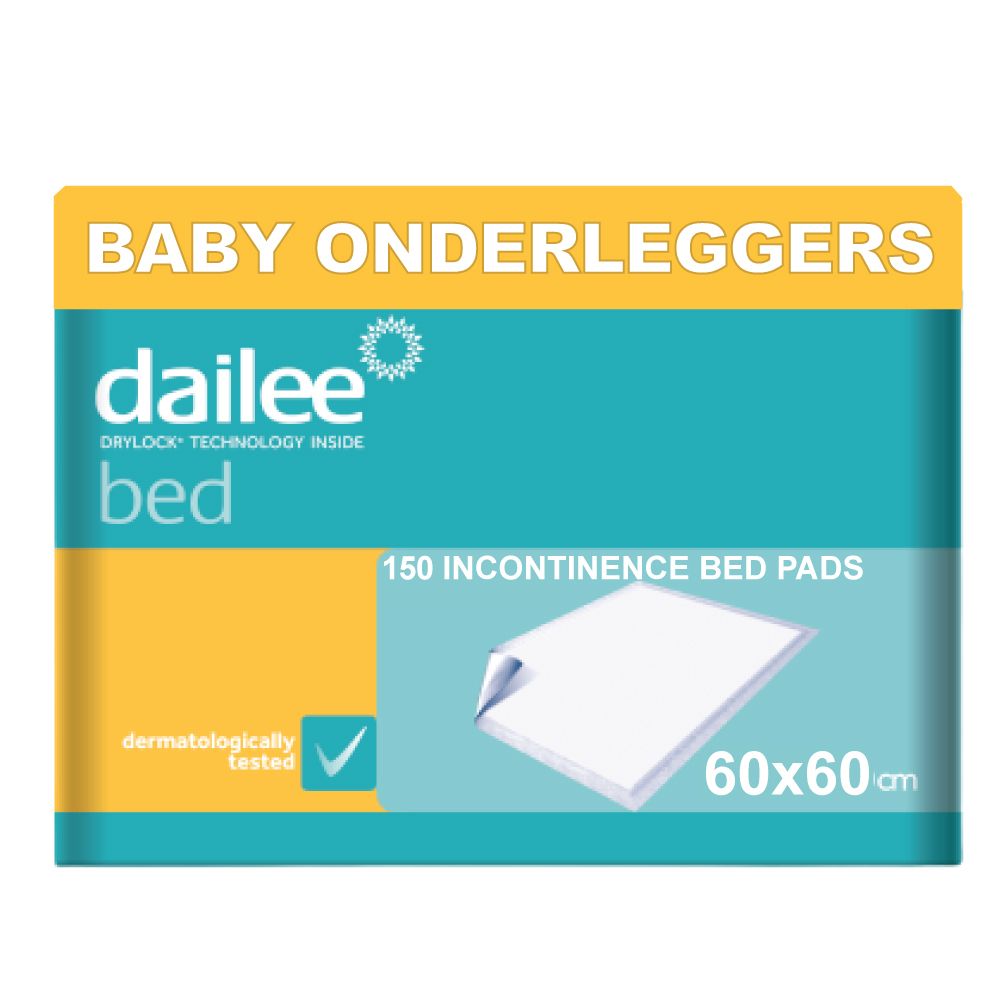 Verpakking Dailee Bed baby incontinentie-onderleggers. 150 stuks, 60x60cm. Blauw, geel en wit.