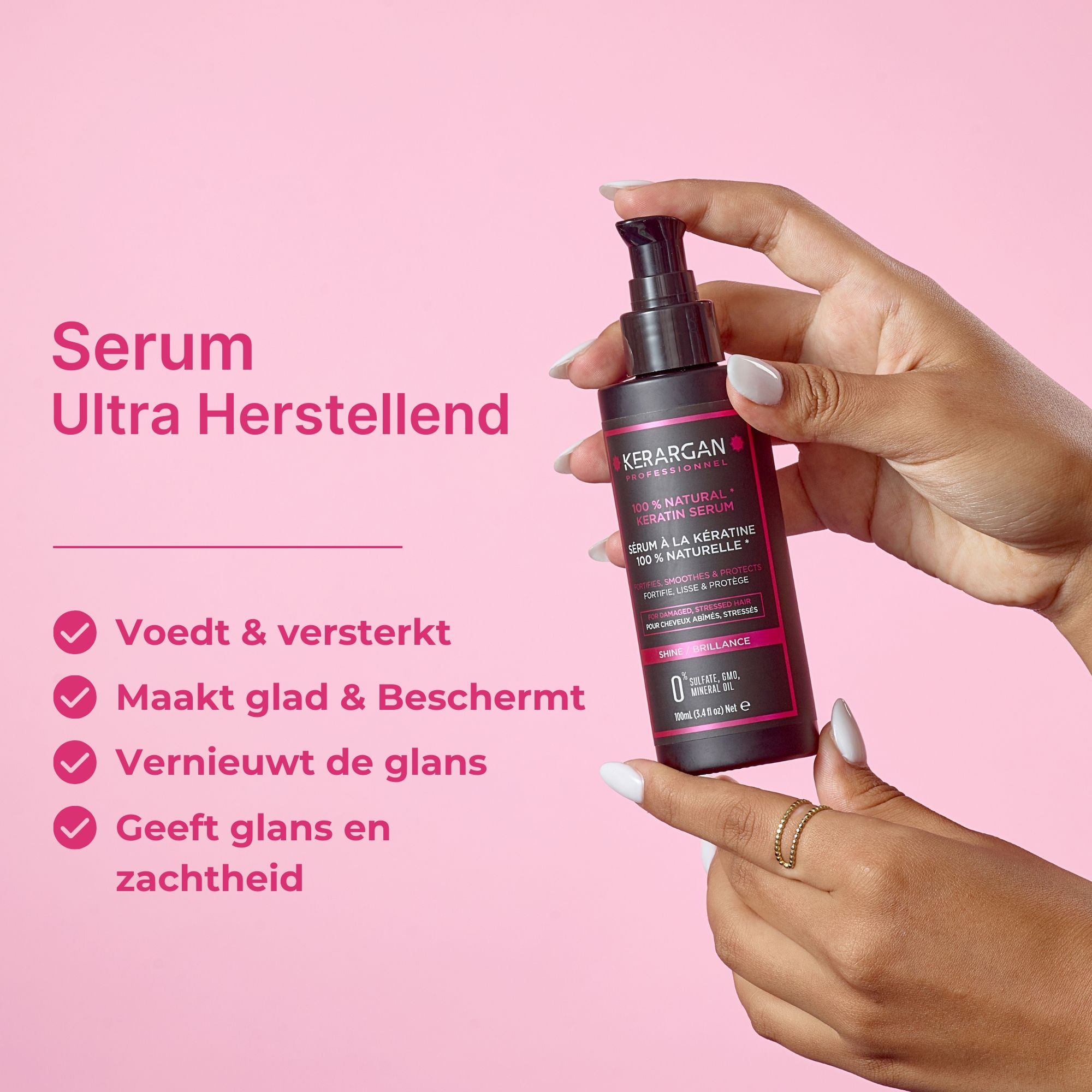 Tekst: Hoe ons serum te gebruiken? 3 stappen: Aanbrengen, gebruik op de bovenkant, gebruik regelmatig.