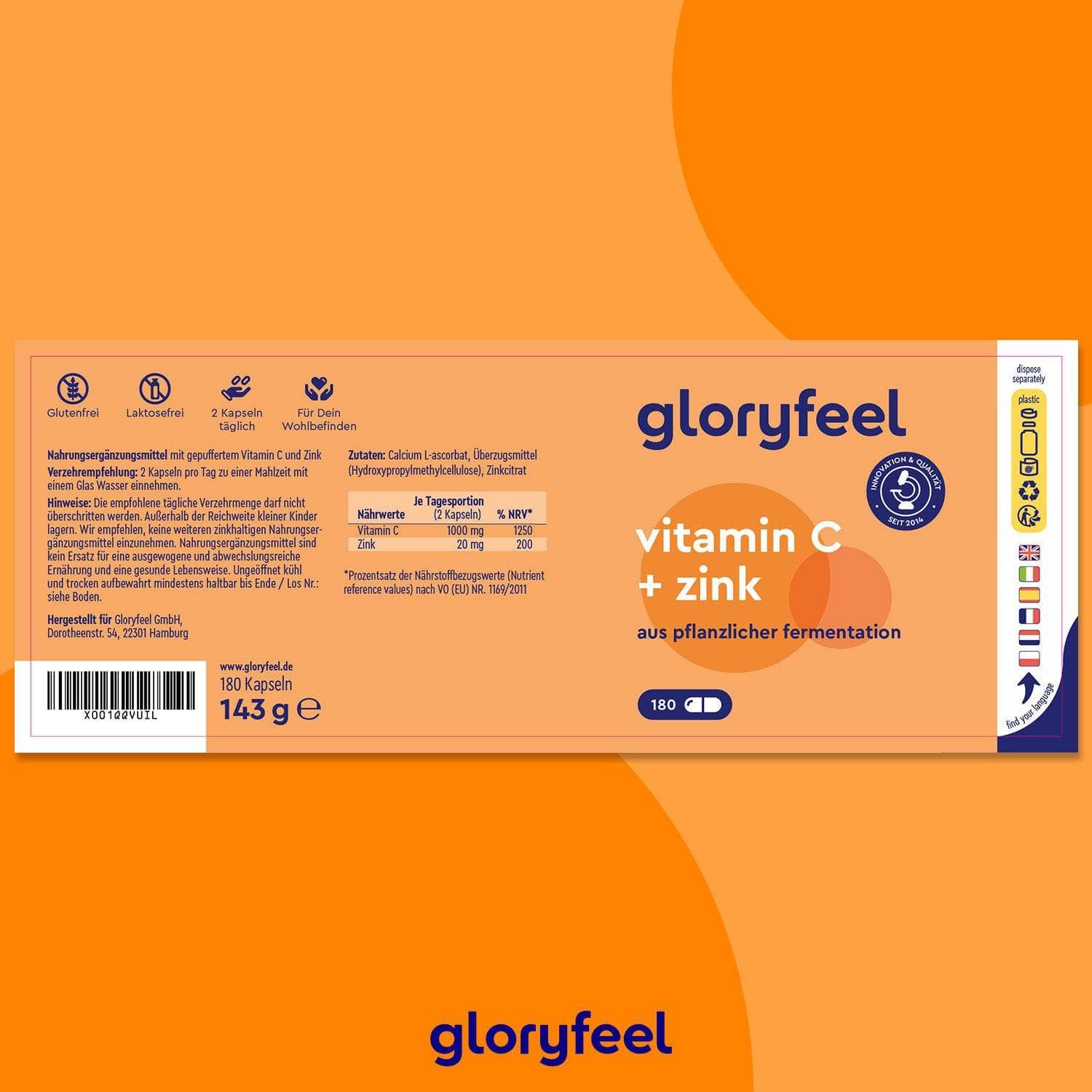 gloryfeel® Vitamin C + Zink Kapseln 180 St