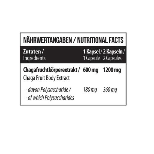 Nahaufnahme der Nährwertangaben auf einer MST Chaga Mushroom Flasche. Enthält Informationen zu Inhaltsstoffen und Mengen.