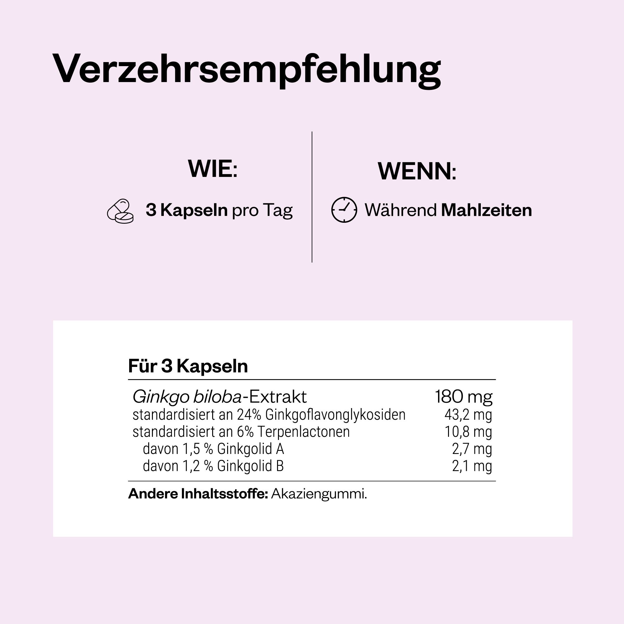 Text mit Dosierungsempfehlung: 3 Kapseln pro Tag, während der Mahlzeiten. Tabelle mit Inhaltsstoffen pro 3 Kapseln.