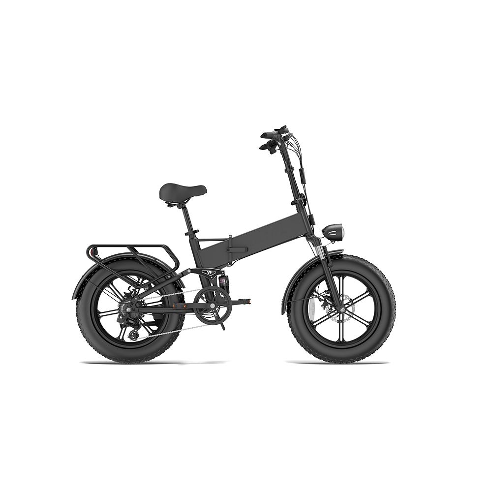 Schwarzes Elektrofahrrad mit breiten Reifen, Gepäckträger und Scheinwerfer. Seitenansicht.