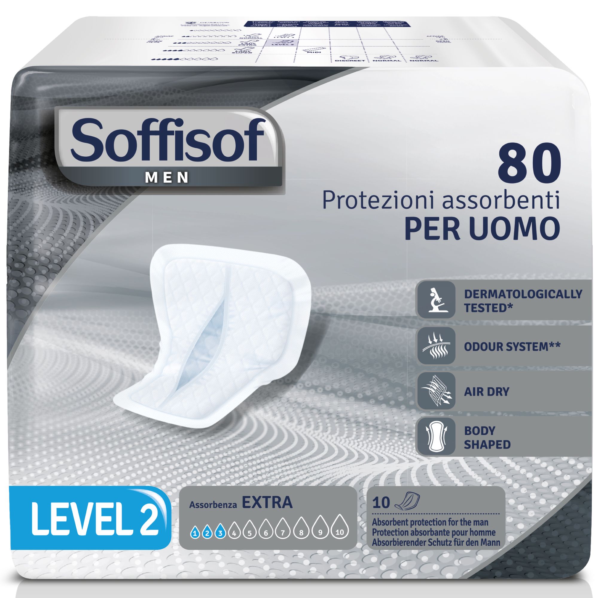 Verpakking Soffisof Men Level 2 incontinentie-inlegkruisjes. 80 stuks. Dermatologisch getest, geurcontrole, Air Dry, lichaamsvorm.