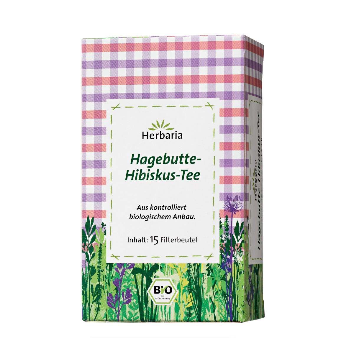 Verpackung von Herbaria Hagebutte-Hibiskus-Tee. Aufdruck: "Aus kontrolliert biologischem Anbau", "Inhalt: 15 Filterbeutel". Bio-Siegel.