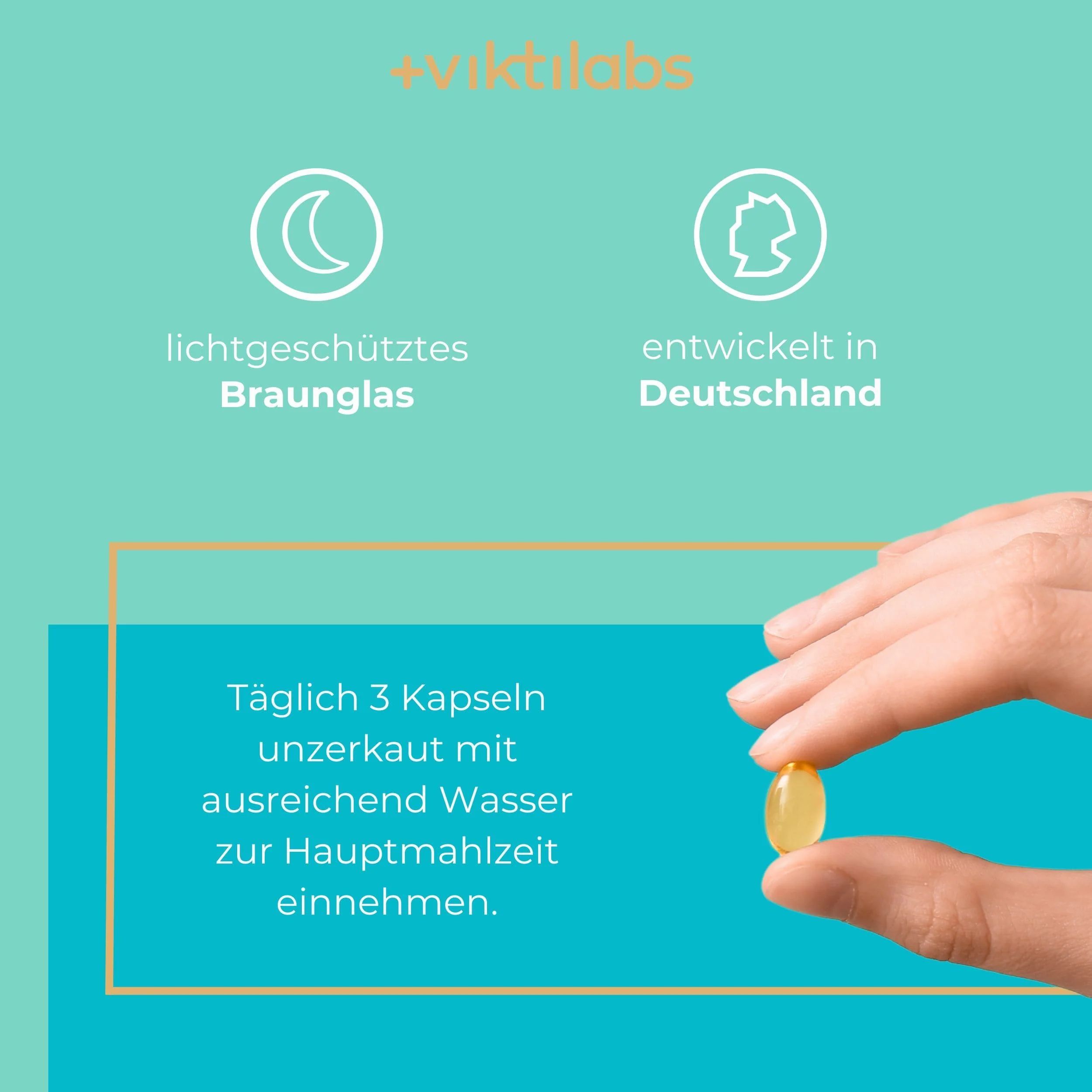 Hand hält eine einzelne Omega-3-Kapsel vor einem Hintergrund mit Symbolen für Braunglas und Deutschland.