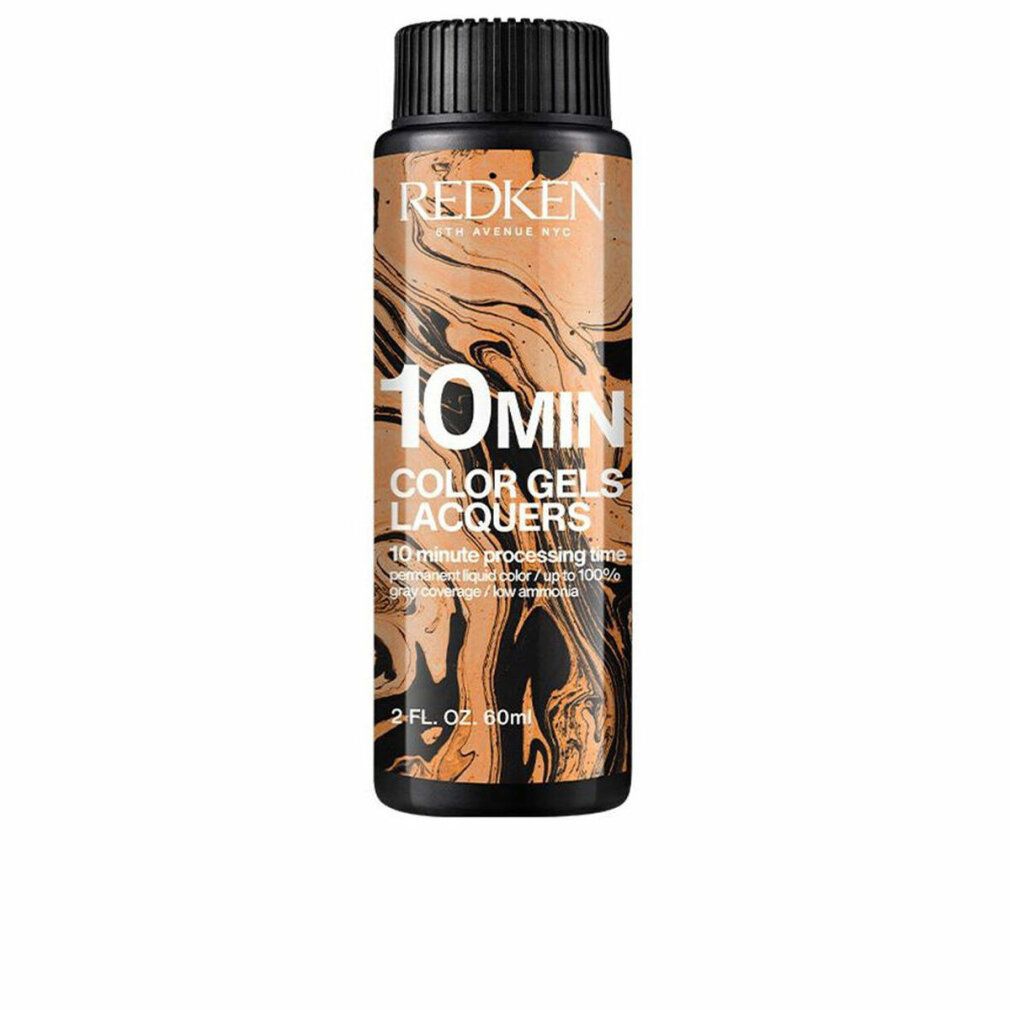Flasche mit schwarzem Deckel. Aufschrift: REDKEN, 10MIN COLOR GELS LACQUERS. Flüssigkeit mit braunem Muster. Volumen: 2 FL. OZ. 60ml.