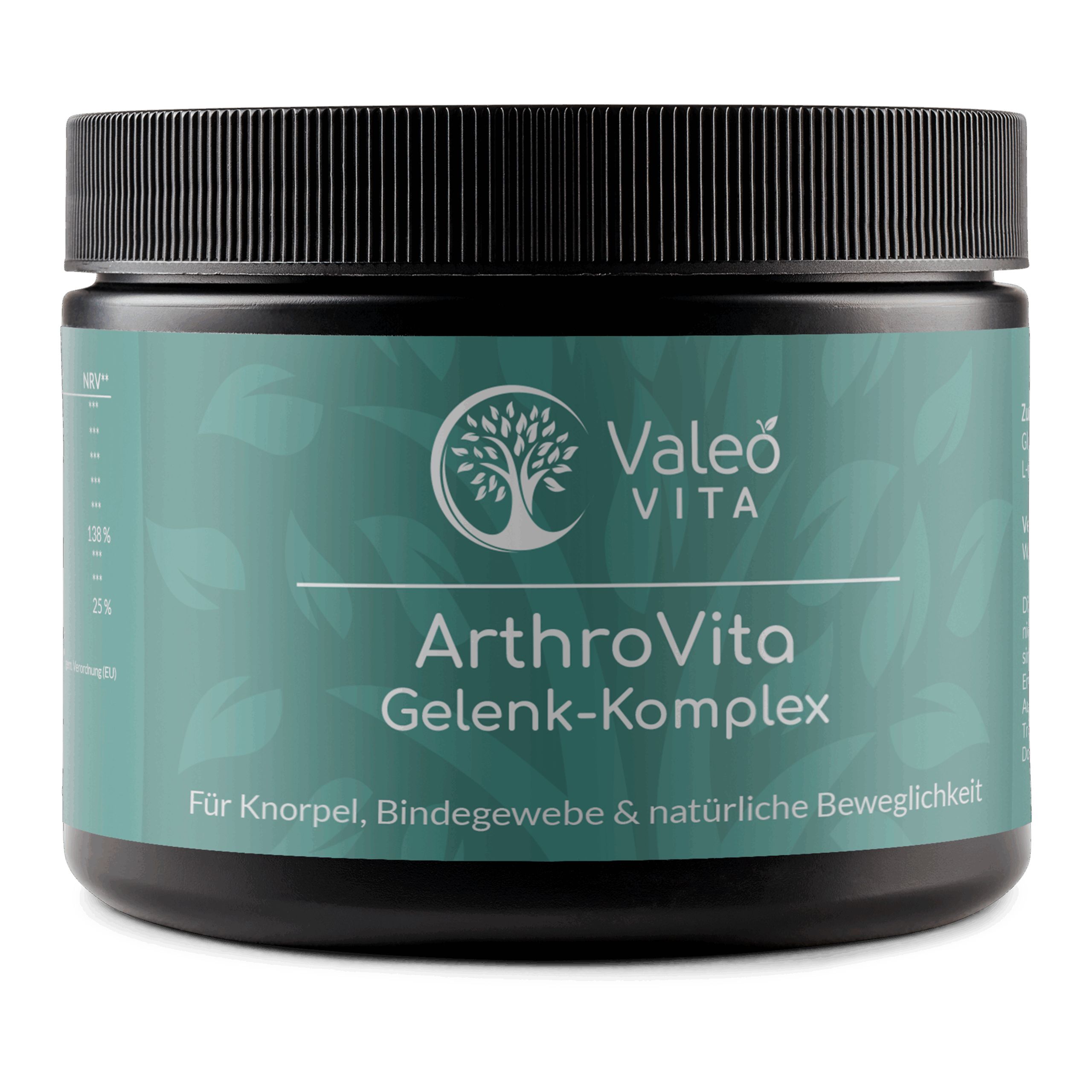 Dose mit schwarzem Deckel. Aufschrift: Valeo Vita, ArthroVita Gelenk-Komplex. Für Knorpel, Bindegewebe & natürliche Beweglichkeit.