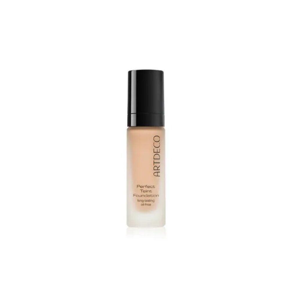 Artdeco Perfect Teint Foundation. Flasche mit schwarzem Deckel. Text: Perfect Teint Foundation, long-lasting, oil-free.