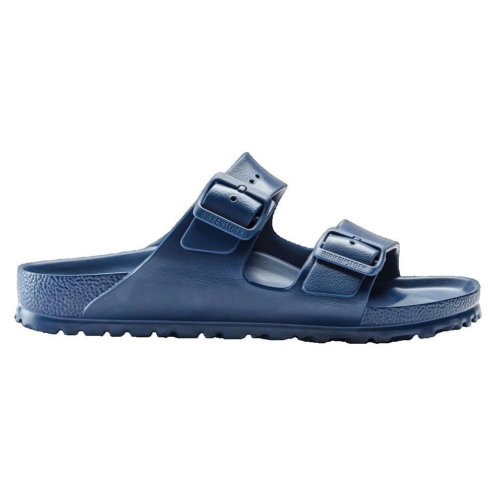 Sandalo blu con due cinturini e fibbie. Suola profilata. Marchio visibile sulle fibbie.