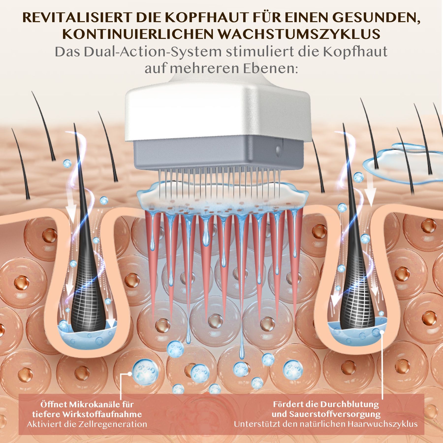 Mikroneedling-System. Darstellung der Hautschichten. Nadeln dringen in die Haut ein. Zellregeneration. Sauerstoffversorgung.