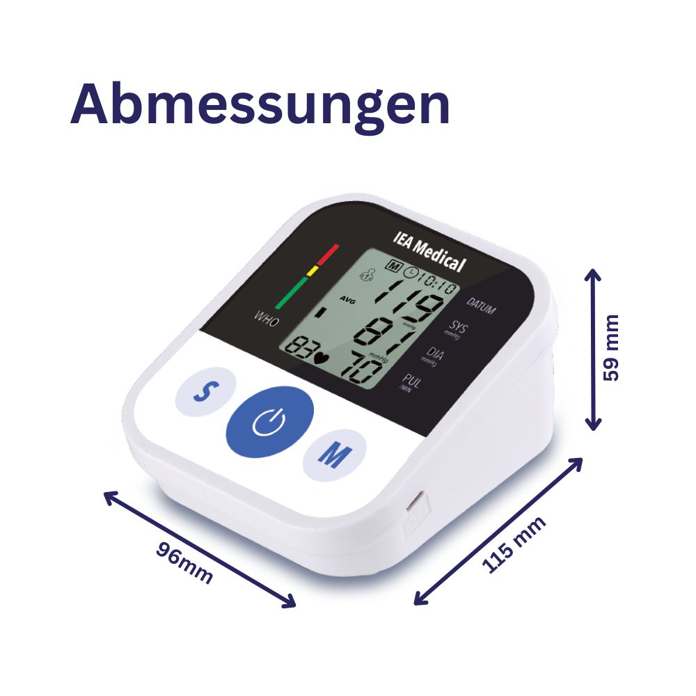 Blutdruckmessgerät. Abmessungen: 96mm x 115mm x 59mm. Digitalanzeige. IEA Medical Logo. Blaue Tasten.