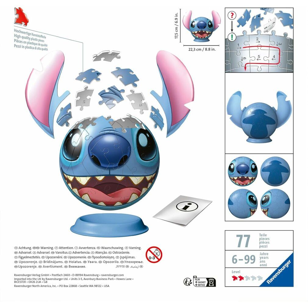 Ravensburger Ravensburger 11574 Puzzle Disney Stitch Puzzle Ball mit Ohren 3D 72 Teile