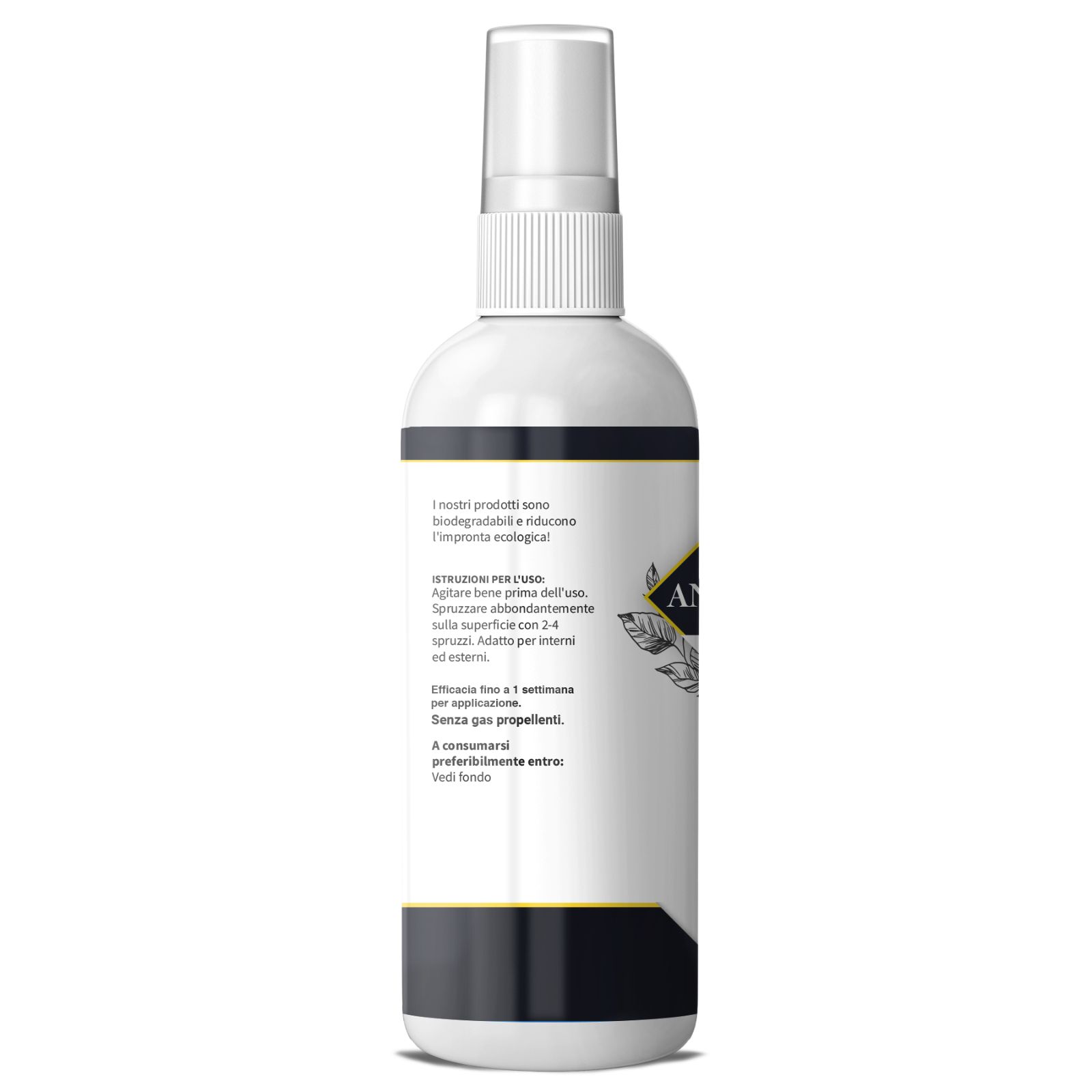 Retro del flacone spray bianco. Testo: Istruzioni per l'uso, durata, ingredienti. Striscia nera e gialla.
